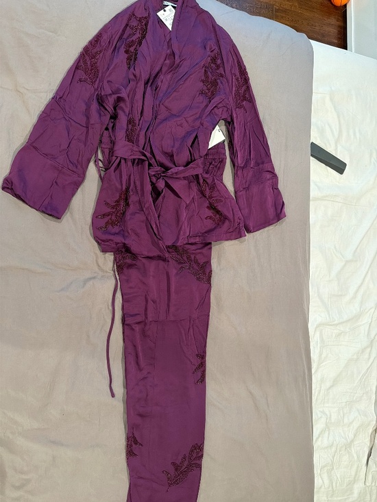 Zara Pants - ZARA Embellished Belted Blazer & Pants Set | Plum | Beaded | NWT | Size M